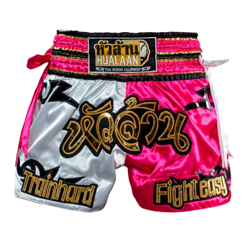 HuaLaan Train Hard Muay Thai Shorts White-Pink