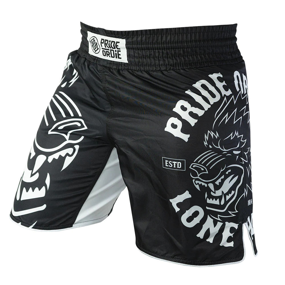 Pride Or Die Lone Wolf MMA Fight Shorts Black-White