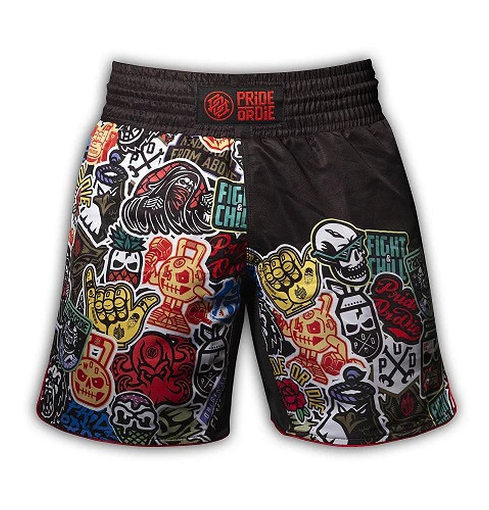 Pride Or Die Stickers MMA Fight Shorts Black-Multicolored