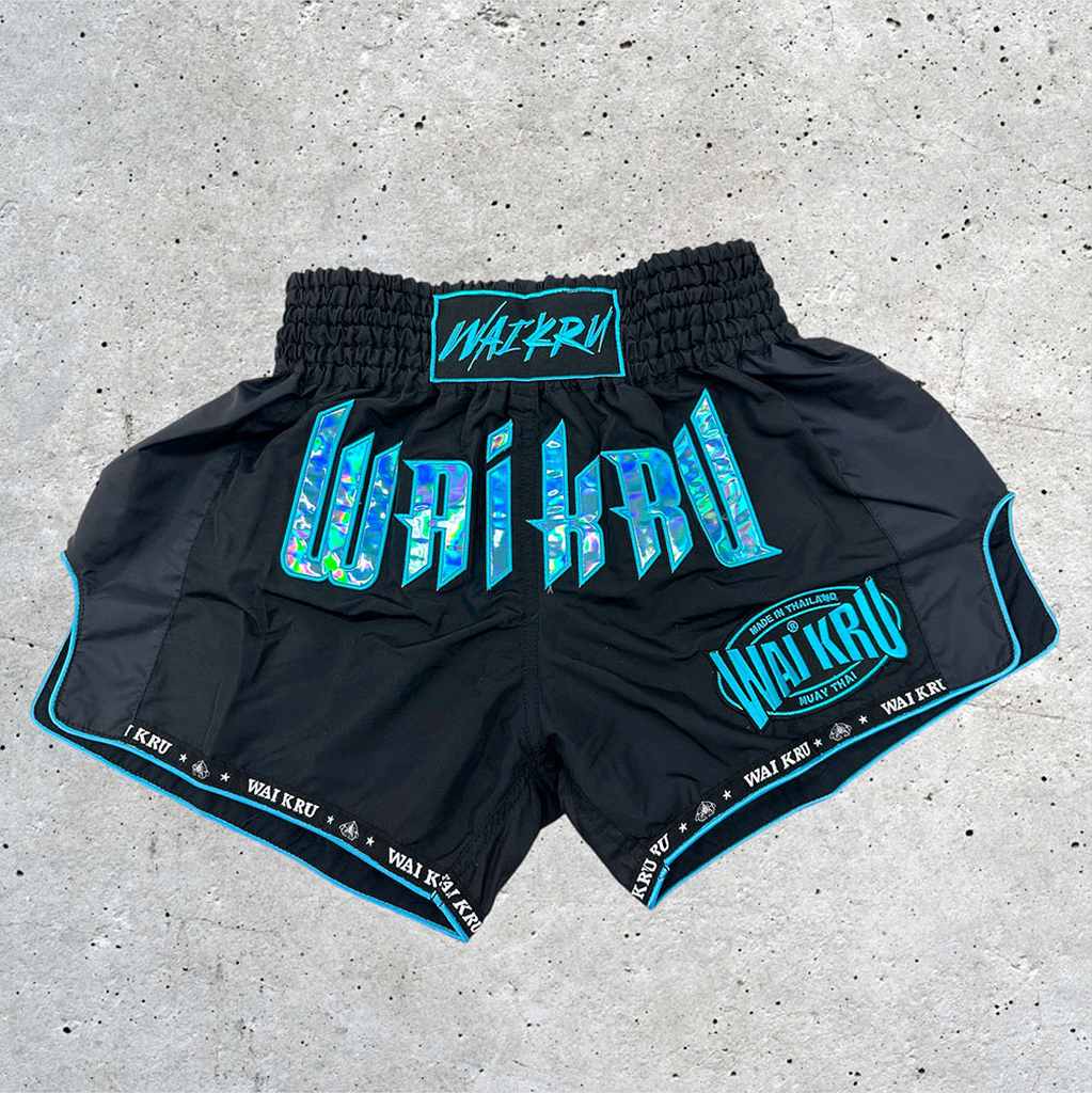Wai Kru MT-13 Muay Thai Shorts Black-Light Blue
