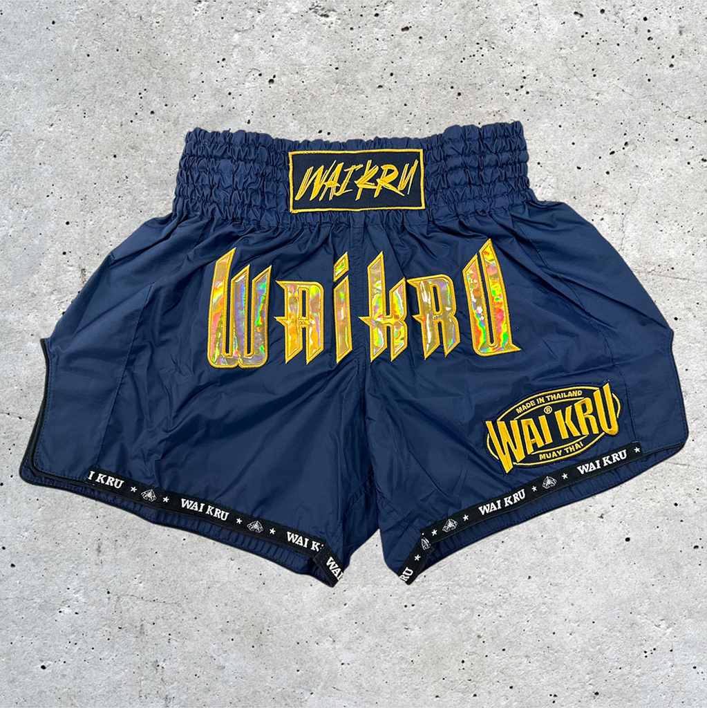 Wai Kru MT-2 Muay Thai Shorts Navy Blue-Yellow
